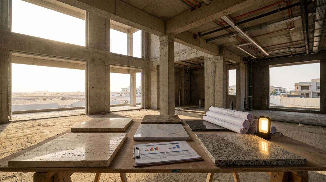 Dubai Villa Construction Cost: Real Budget Ranges by Square Foot and Finish Level visual reference 2 showing luxury villa construction site with concrete shell, MEP rough in, and stone samples ready for approval